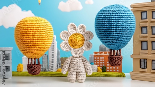 Cute Crochet Hot Air Balloons Flower Figurine Cityscape