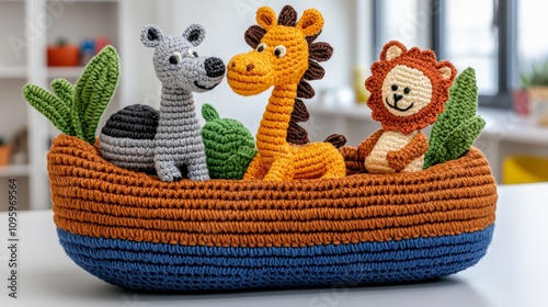 Adorable Crochet Safari Animals in Boat Cute Handmade Toys Kids Room Decor