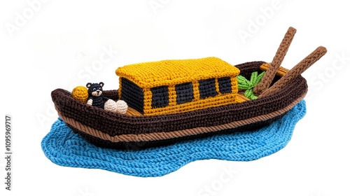 Adorable Crochet Boat Toy Handmade Brown Yellow Blue Ocean Bear Kid s Toy Nautical Theme Watercraft