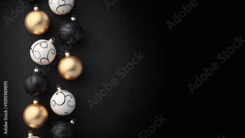 Christmas card with ornate black and white realistic balls on black modern background