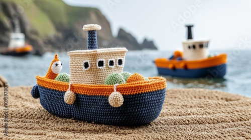 Adorable Crochet Toy Boat on Beach Ocean Background Nautical Crafts