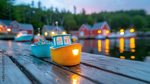 Crochet Boat Crafts Night Harbor Illuminated Seaside Decor