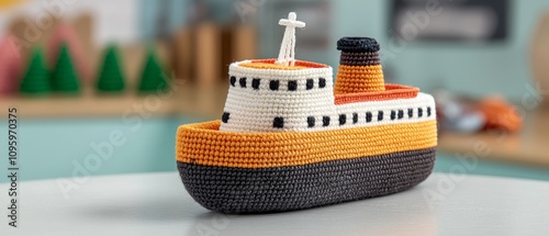 Adorable Knitted Toy Boat Orange Grey Nautical Theme Childrens Room Decor