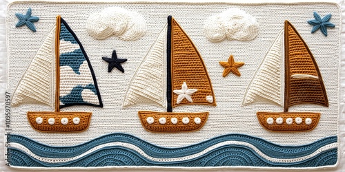 Crochet Sailboats Ocean Scene Wall Hanging Nursery Decor Coastal Theme Handmade Textile Art