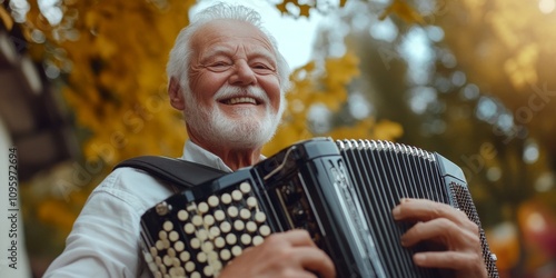 An elderly man joyfully plays the accordion outdoors. Surrounded by vibrant autumn leaves, his smile radiates warmth and happiness. A perfect image capturing a cheerful moment. AI