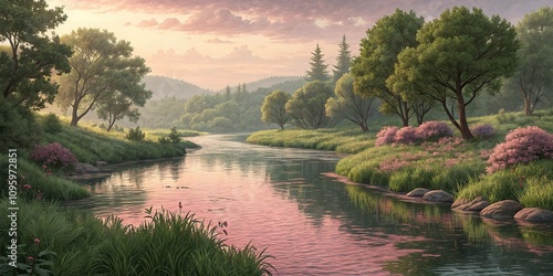 â€¢ Soft pink hues fall upon a serene river, mirroring subtle undulations amidst vibrant green surroundings, creating a sense of calmness and symmetry, a realistic photo image.