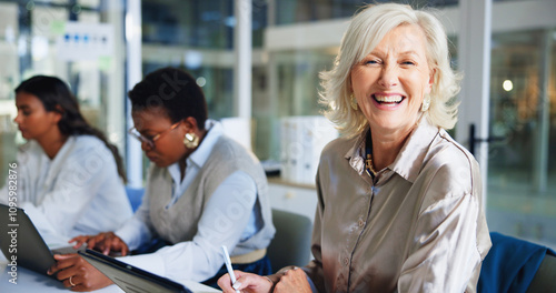 Portrait, business and woman in office, smile and happiness with teamwork, funny and journalist. Mature person, copywriting and magazine editor with deadline for article, schedule or positive mindset