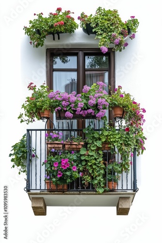 Flower-filled balcony, window, white wall.