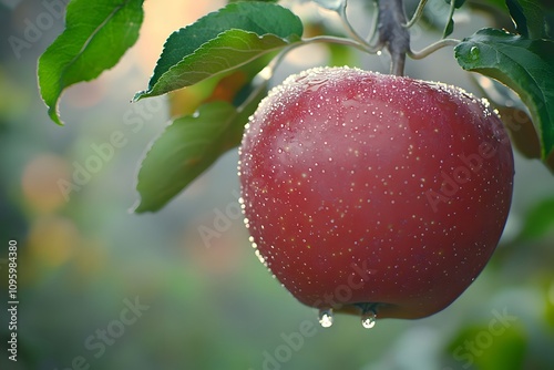 A close-up of a fresh, dewy red apple hanging from a tree branch.