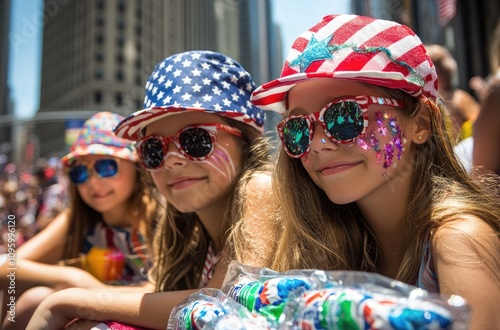 young girls with face paint and American flag hats, sitting on the crowd in the front row at a New York City parade.