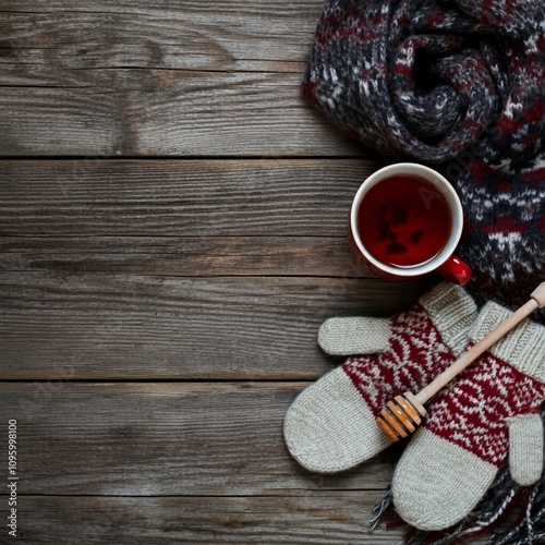 Winter greetings wallpaper background with winter items including gloves, wool scarfs and sweaters, with a warm honey tea on a wooden background.