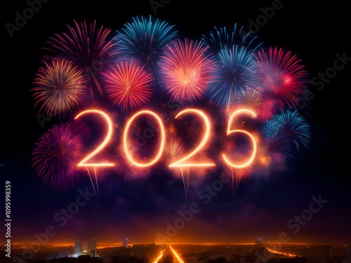 New Year 2025 greeting card, night dark sky colourful fireworks above cityscape,