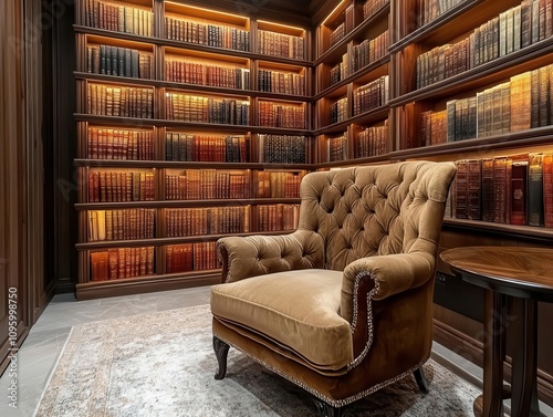 Reading corner with fine wood shelving and plush armchair