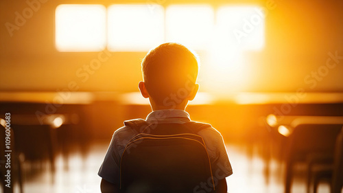 child with backpack gazes at sunset in classroom