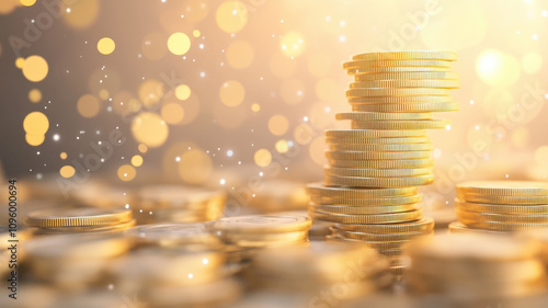 Shimmering coins stacked with soft bokeh background create financial theme