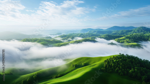 Breathtaking green hills with misty valleys under clear blue sky