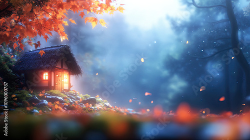 cozy cottage surrounded by autumn leaves and misty forest