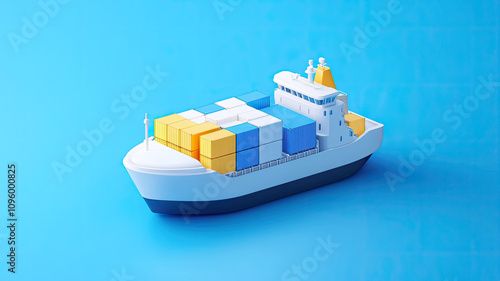 3D cargo ship with colorful containers on blue background