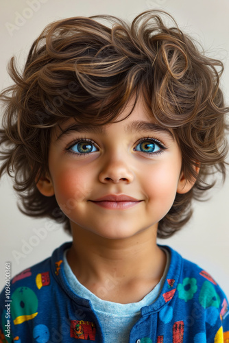 A little boy with blue eyes and curly hair