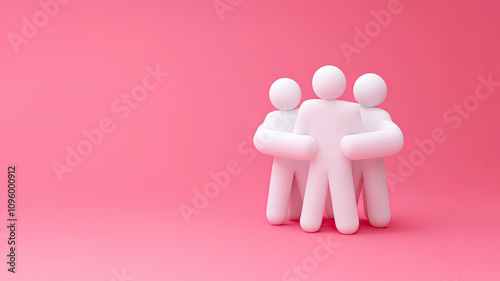 Collaborative teamwork concept with three figures on pink background