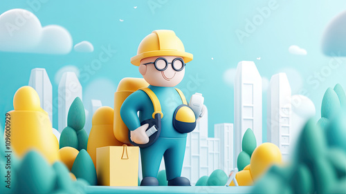 cheerful worker stands with tools in vibrant cityscape