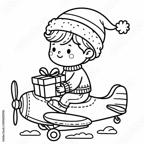 Blank coloring book illustration, little boy wearing Christmas hat riding a plane.