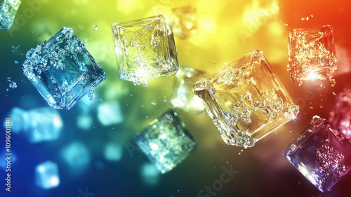 Floating colorful ice cubes in vibrant gradient background