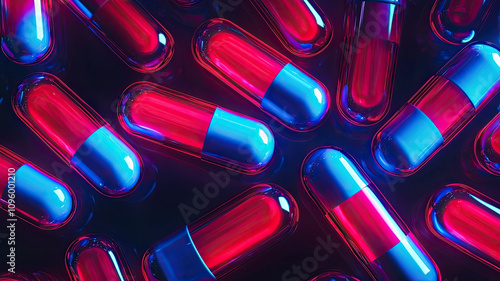 Glowing red and blue capsules create abstract concept of health