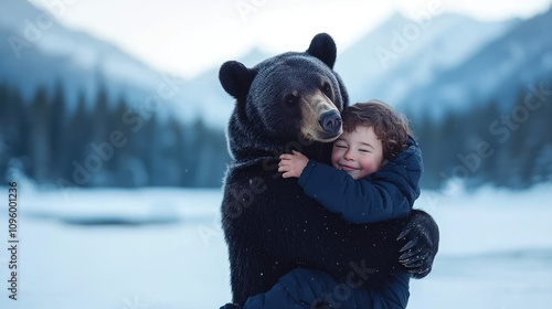 child hugging black bear in snowy landscape, showcasing warmth and joy