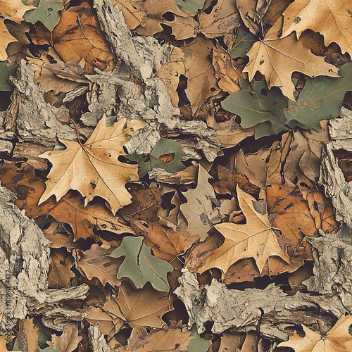 Leaves on Tree Bark and Stone Camouflage Seamless Pattern Texture