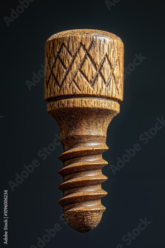 A close up of a wooden screw on a black background