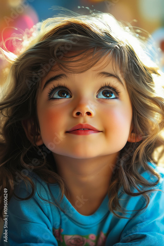 A little girl with blue eyes looking up at the sky