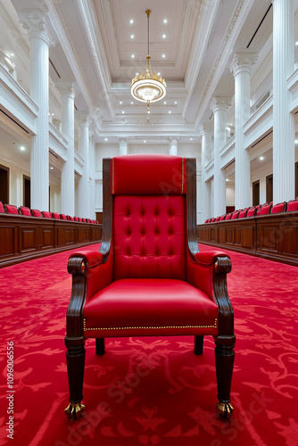 A red chair sitting in the middle of a large room