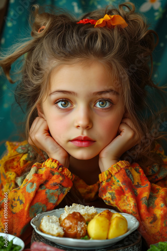 A little girl sitting at a table with a plate of food