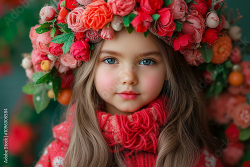 A little girl wearing a flower crown on her head