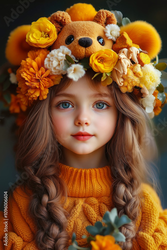 A little girl wearing a teddy bear headpiece with flowers in her hair