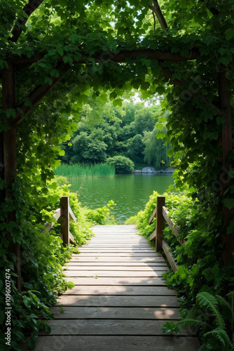 A wooden walkway leads to a lake surrounded by trees and plants