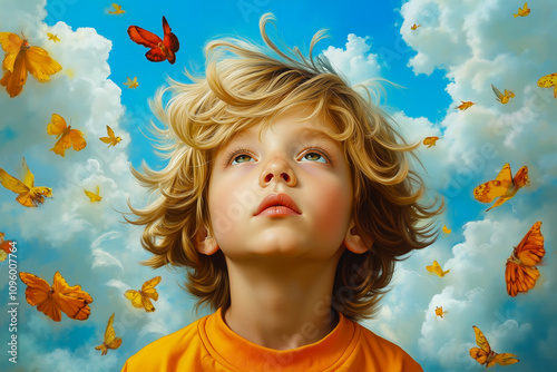 A young boy looking up at a flock of butterflies in the sky