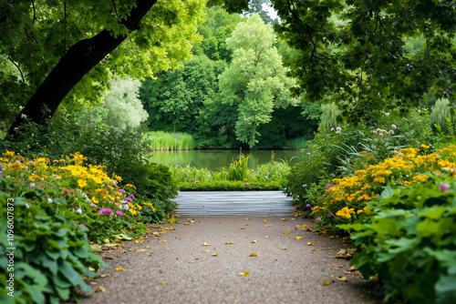 A walkway in the middle of a lush green park surrounded by flowers and trees