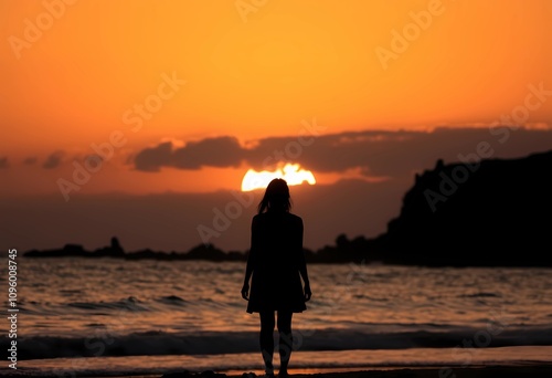 Serene Beach Sunset with Silhouette Contemplation - Peaceful Evening at the Seaside