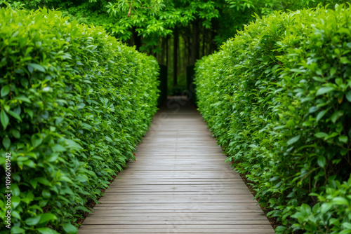 A wooden walkway in the middle of a lush green hedge lined garden