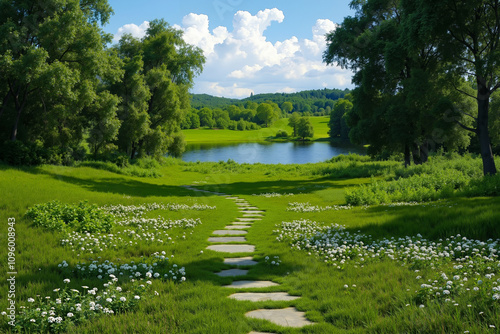 A path in the middle of a grassy field next to a lake