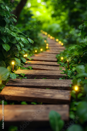 A wooden walkway with string lights in the middle of a lush green forest