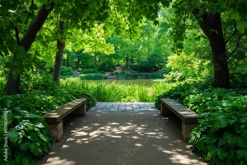 A walkway in the middle of a lush green park surrounded by trees