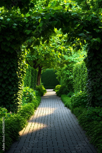 A walkway in the middle of a lush green garden