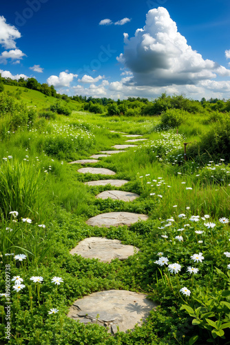 A stone path in the middle of a grassy field with white flowers