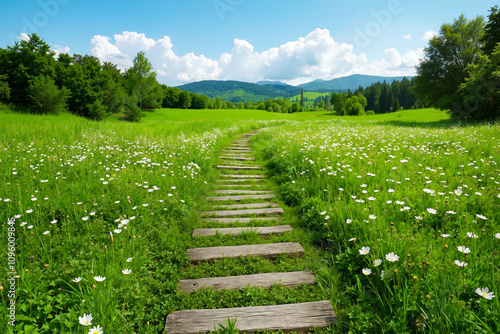 A wooden path in the middle of a field of daisies