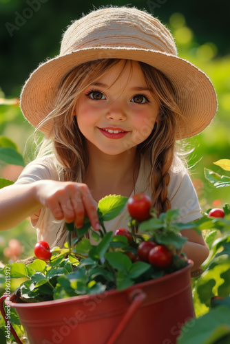 A little girl in a straw hat picking strawberries from a potted plant