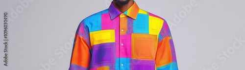 Digital glitch-inspired shirt, distorted pixel patterns with vibrant overlays