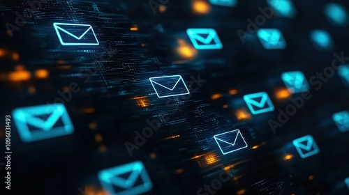 cybersecurity encryption incident response Concept. A digital representation of floating email icons in vibrant blue and orange, symbolizing communication and data transfer in a modern context.